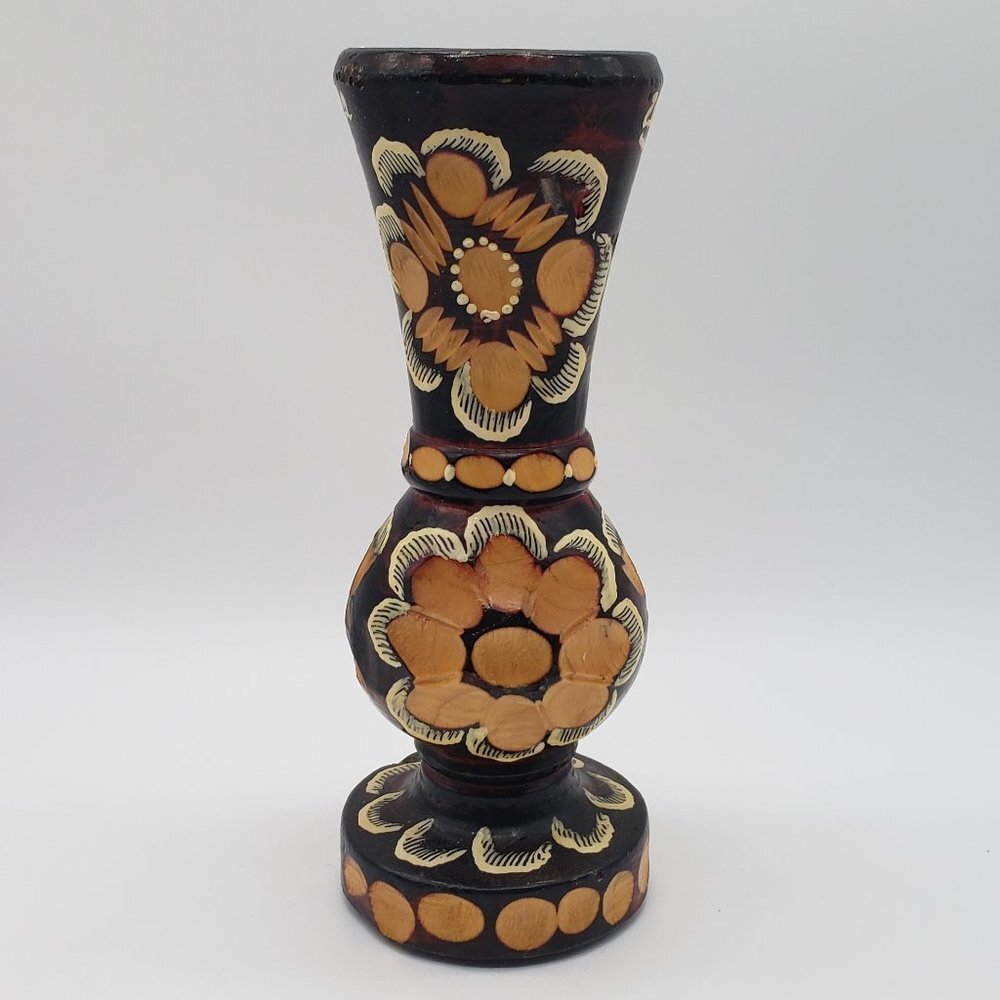 Romanian 2007 Hand Turned Hand Painted Floral Wooden Pedestal Vase - 8.75"